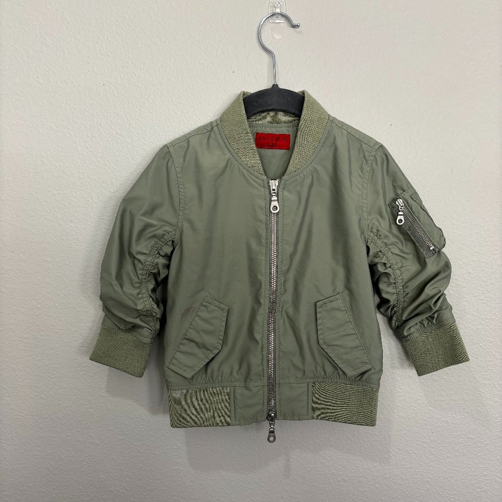 Haus of Jr olive green bomber jacket, snap closure on front pockets